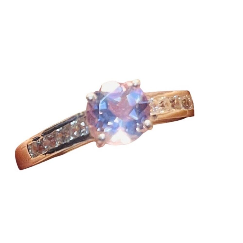 Rose De France Amethyst rnd .80 ct, Simul. diamond ring SS Sz 7-1.3 tw